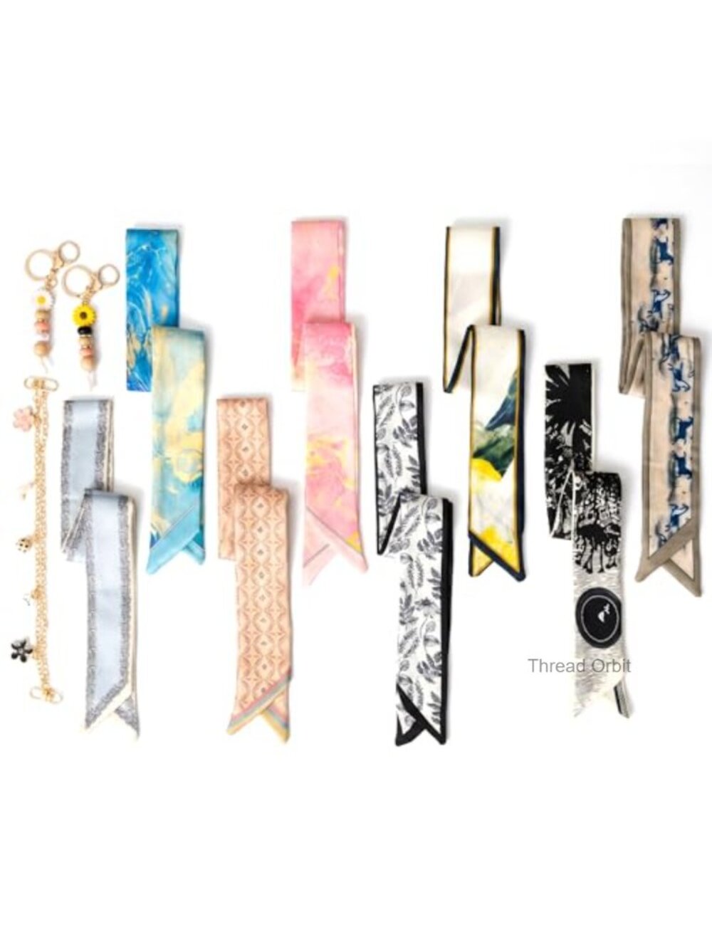 8PCS Polyester Simulated Silk Purse Scarf Set with 2 Daisy Keychain Charms